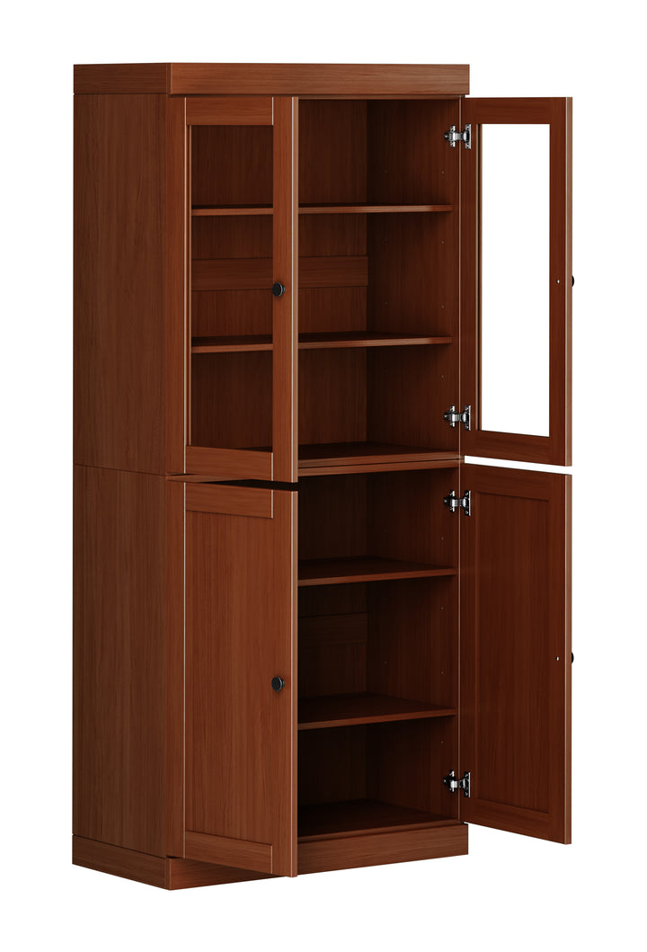 100% Solid Wood 6-Shelf 32" Bookcase, 2 Glass Doors, 2 Shaker Wood Doors, Adjustable Shelves