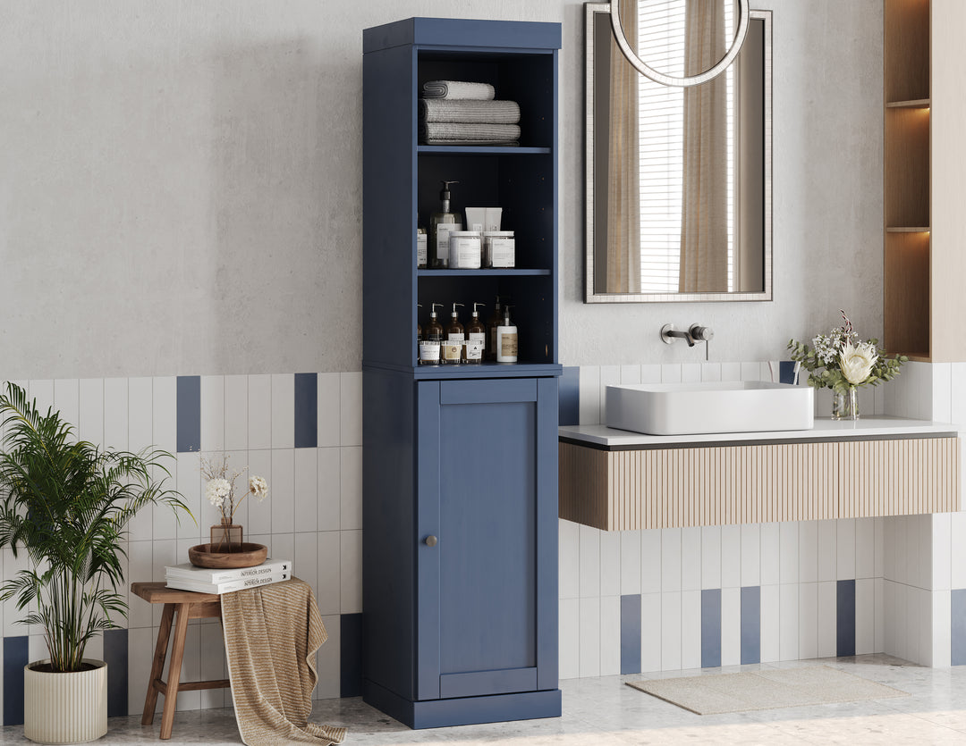 100% Solid Wood Tall Freestanding Modular Bathroom Linen Storage Cabinet with Open Shelf & Shaker Door, Adjustable Shelves, 16.5" W x 71.5" H
