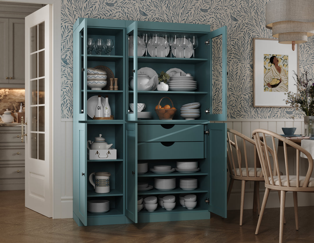 100% Solid Wood 48.5" Pantry China Cabinet, 3 Glass Doors, 3 Shaker Doors, 2-Drawers
