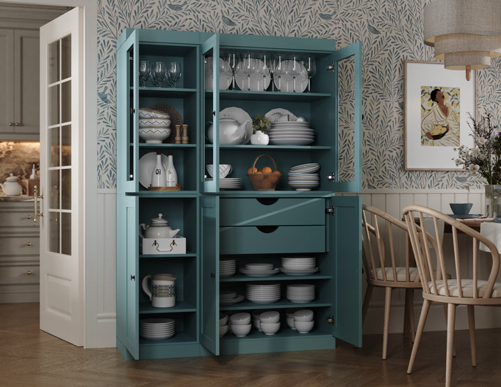 100% Solid Wood 48.5" Pantry China Cabinet, 3 Glass Doors, 3 Shaker Doors, 2-Drawers