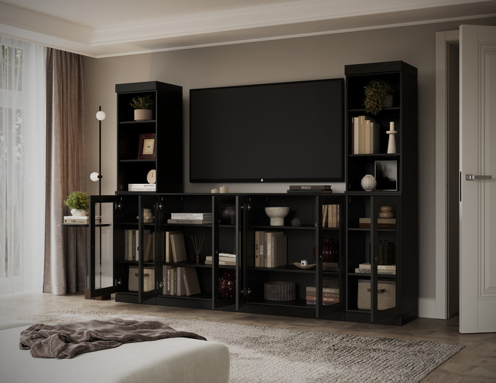 100% Solid Wood 6-Piece Entertainment Center Wall Unit with Storage, Open Cabinets & Glass Doors, Adjustable Shelves, 97" W x 71.5" H