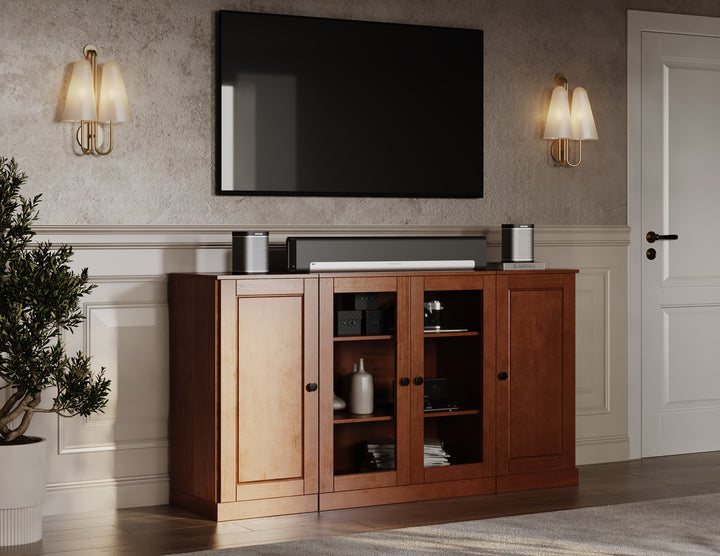 100% Solid Wood TV Stand for TVs up to 65" with Clear Glass, Raised Panel Doors, Adjustable Shelves