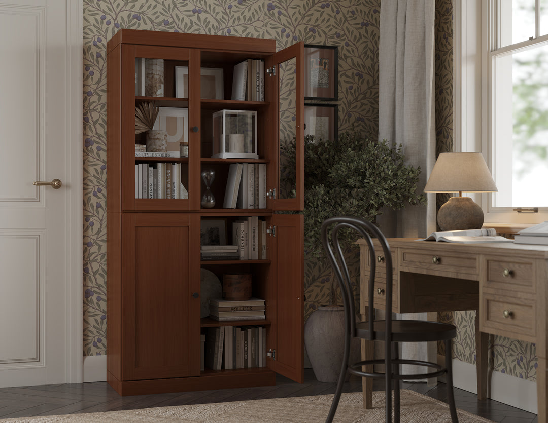 100% Solid Wood 6-Shelf 32" Bookcase, 2 Glass Doors, 2 Shaker Wood Doors, Adjustable Shelves