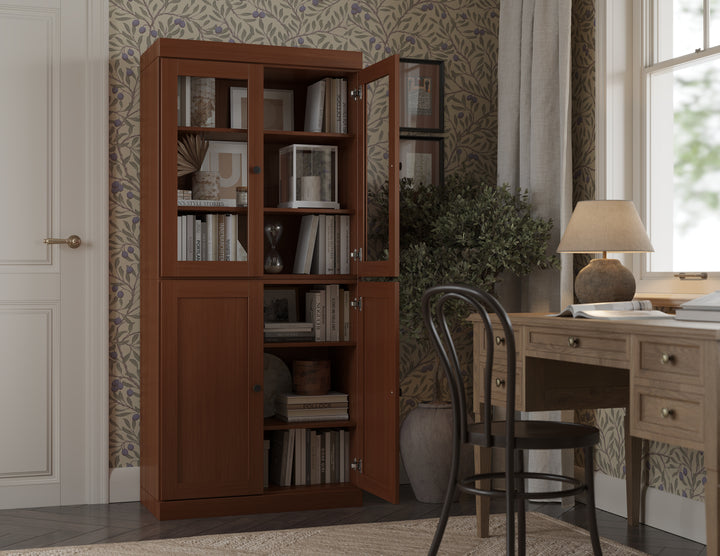 100% Solid Wood 6-Shelf 32" Bookcase, 2 Glass Doors, 2 Shaker Wood Doors, Adjustable Shelves