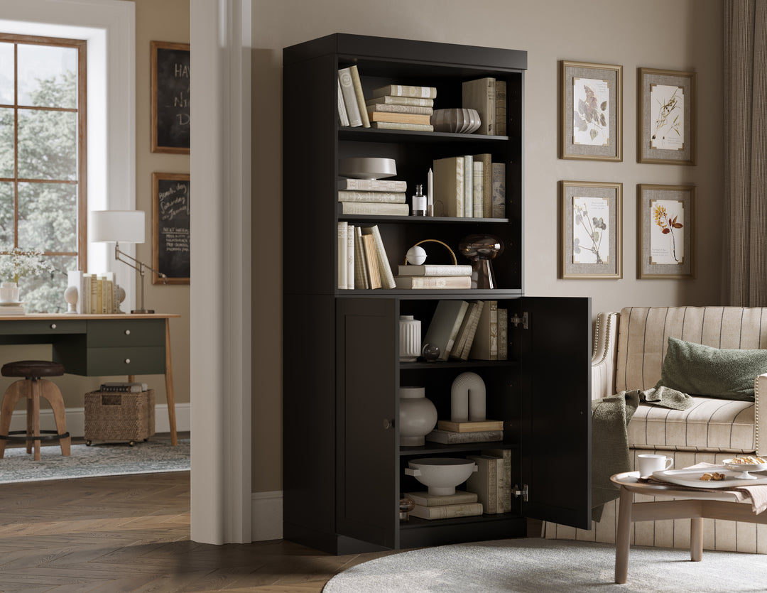 100% Solid Wood 6-Shelf 32" Bookcase Cabinet, 2 Solid Shaker Wood Doors, Adjustable Shelves