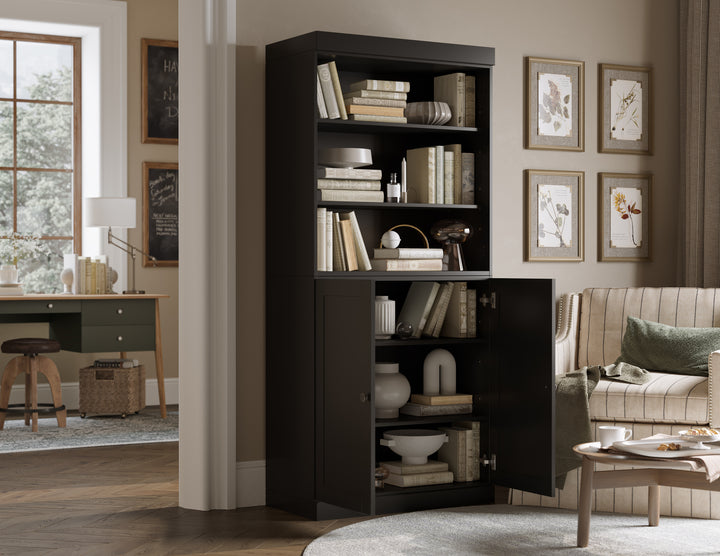 100% Solid Wood 6-Shelf 32" Bookcase Cabinet, 2 Solid Shaker Wood Doors, Adjustable Shelves