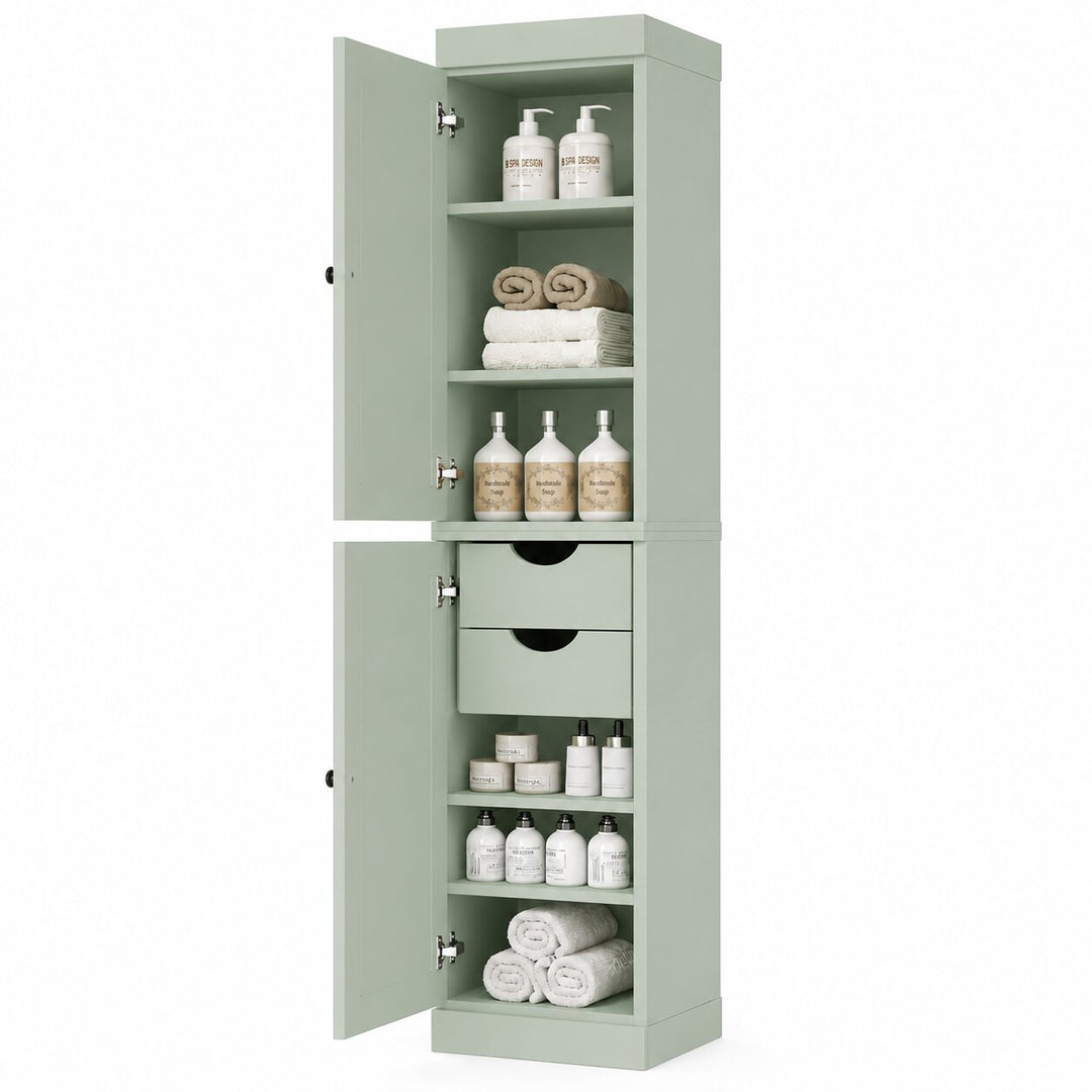 100% Solid Wood Bathroom Storage Cabinet, Shaker Doors, 2 Drawers, Adjustable Shelves, 16.5" Wide, 71.5" Tall