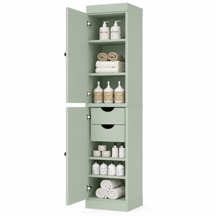 100% Solid Wood Bathroom Storage Cabinet, Shaker Doors, 2 Drawers, Adjustable Shelves, 16.5" Wide, 71.5" Tall
