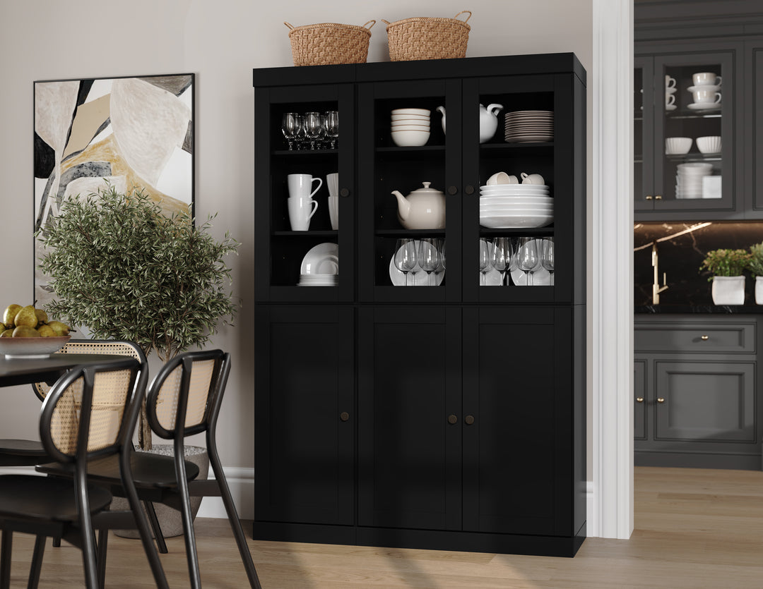 100% Solid Wood 48.5" Pantry China Cabinet, 3 Glass Doors, 3 Shaker Doors, 2-Drawers