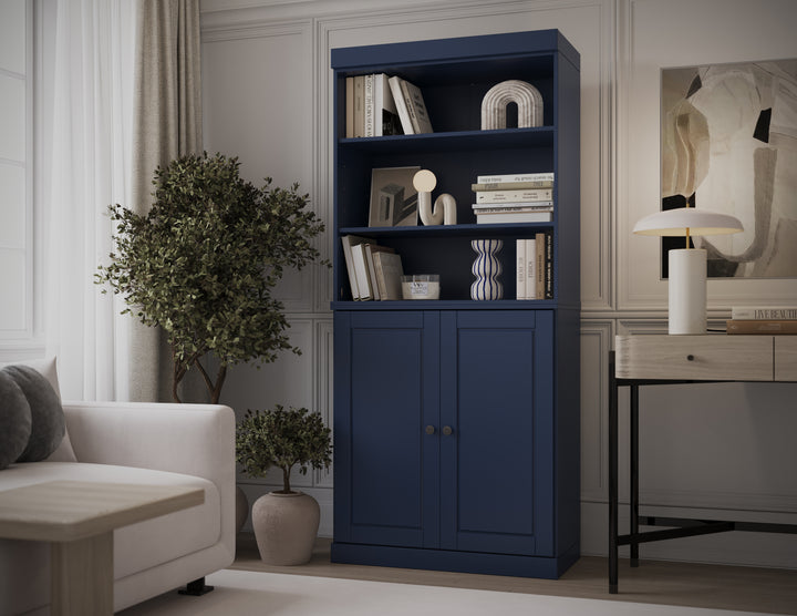 100% Solid Wood 6-Shelf 32" Bookcase, 2 Raised Panel Wood Doors, Adjustable Shelves