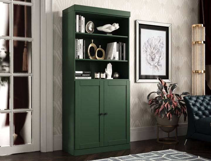 100% Solid Wood 6-Shelf 32" Bookcase Cabinet, 2 Solid Shaker Wood Doors, Adjustable Shelves