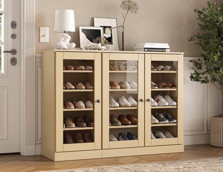 100% Solid Wood Glass Door Shoe Storage Cabinet, Adjustable Shelves, Space Saving Modular Entryway Organizer, 48.5" W x 35.75" H
