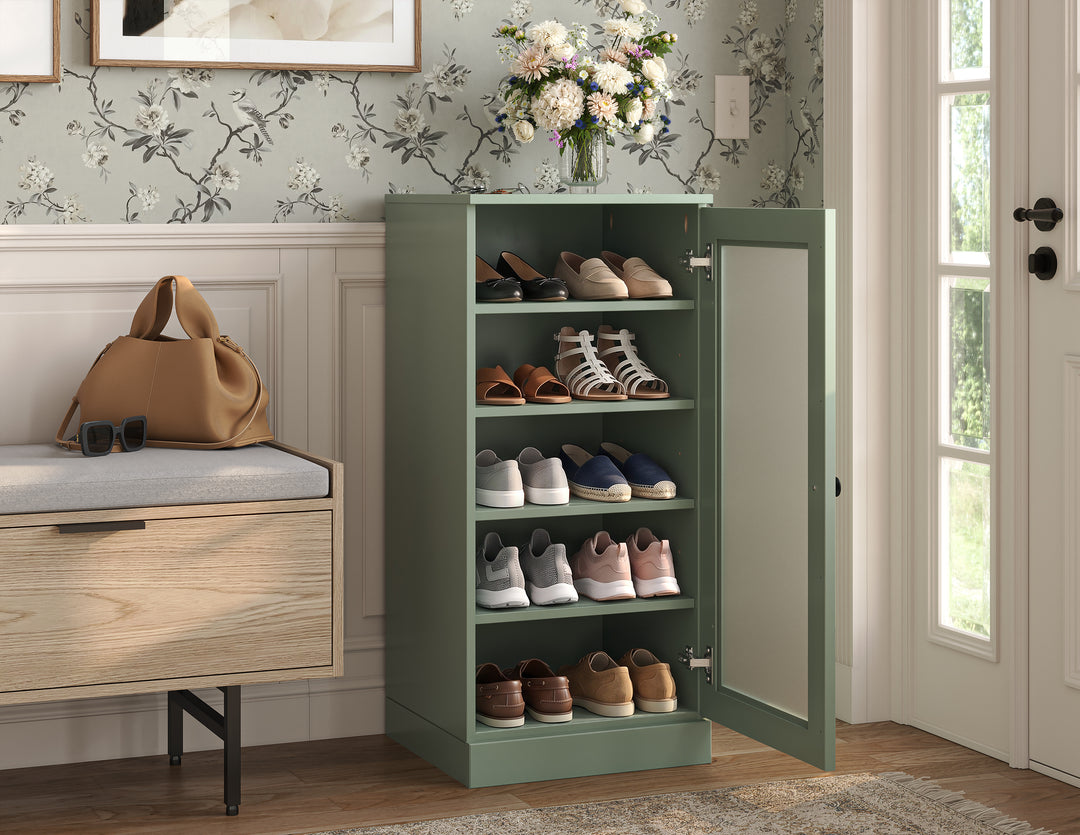 100% Solid Wood Narrow Frosted Glass Door Shoe Storage Cabinet with Adjustable Shelves, Space Saving Stackable Organizer, 16.5" W x 35.75" H