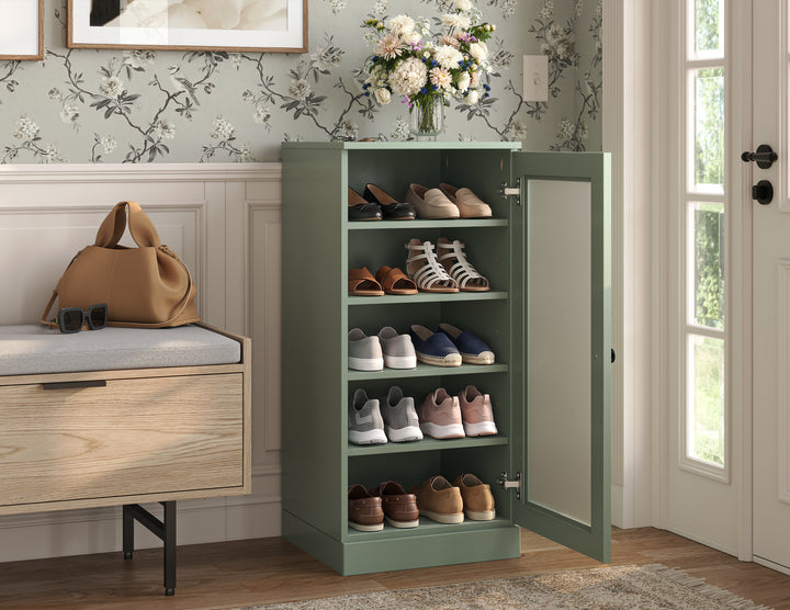 100% Solid Wood Narrow Frosted Glass Door Shoe Storage Cabinet with Adjustable Shelves, Space Saving Stackable Organizer, 16.5" W x 35.75" H