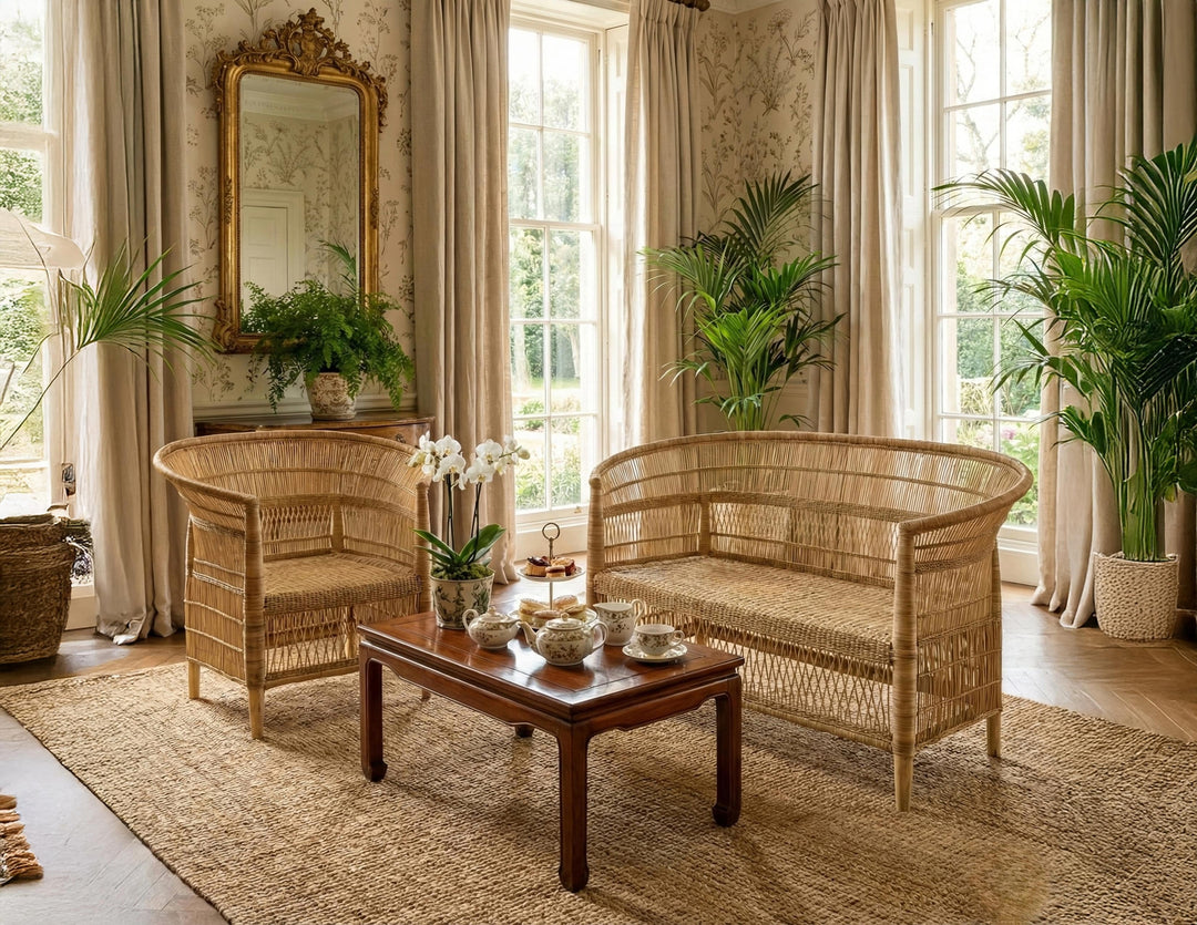 100% Handwoven Natural Rattan 2-Piece Indoor Seating Set with Chair and Loveseat, Solid Wood Frame, Boho Farmhouse, Authentic African Craftsmanship