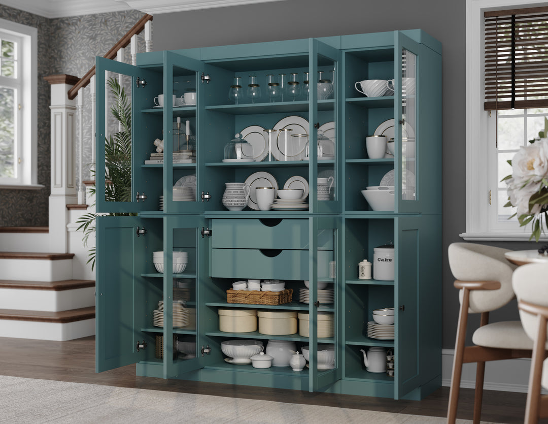 100% Solid Wood 65" China Pantry Cabinet, 6 Glass, 2 Shaker Wood Doors, 2 Drawers