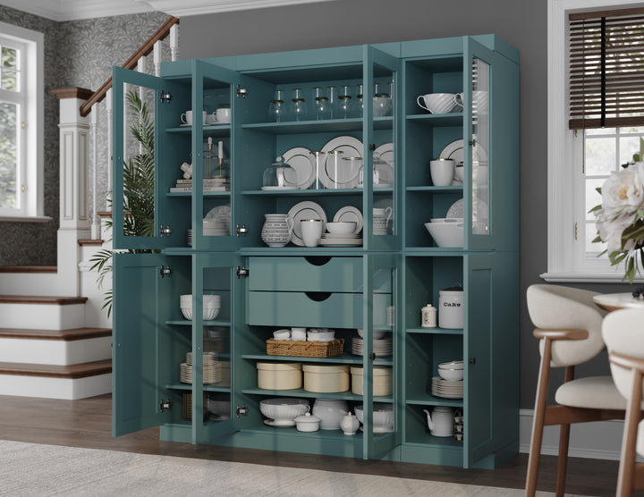 100% Solid Wood 65" China Pantry Cabinet, 6 Glass, 2 Shaker Wood Doors, 2 Drawers