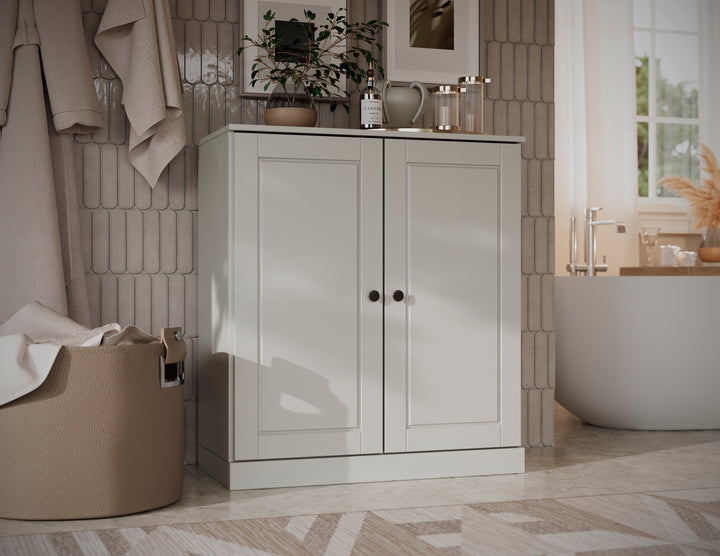100% Solid Wood Freestanding Bathroom Linen Storage Cabinet with Raised Panel Doors, 2 Drawers, Adjustable Shelves, 32" W x 35.75" H