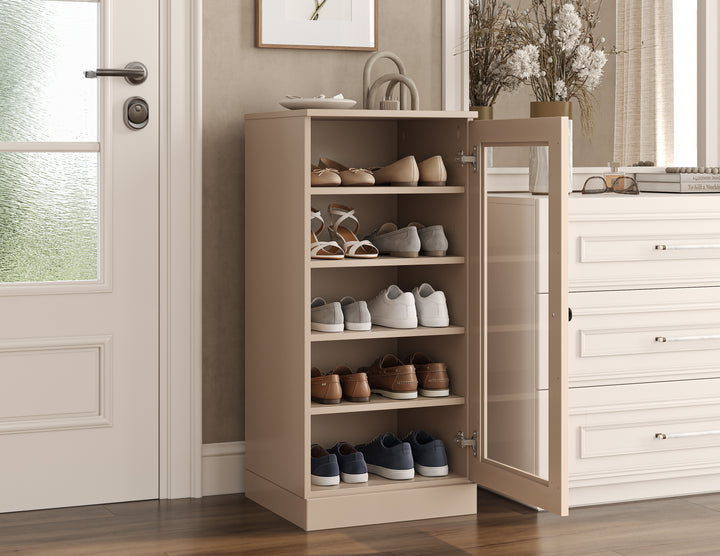 100% Solid Wood Narrow Glass Door Shoe Storage Cabinet with Adjustable Shelves, Space Saving Stackable Organizer, 16.5" W x 35.75" H
