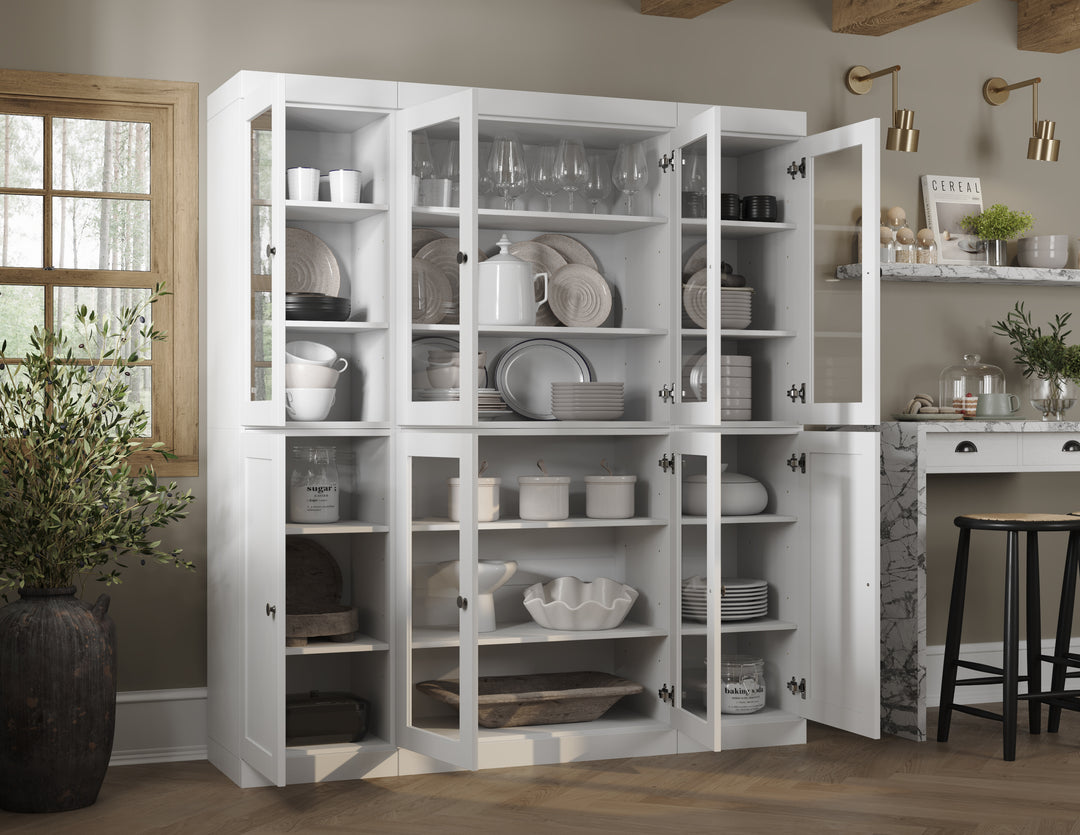 100% Solid Wood 65" China Pantry Cabinet, 6 Clear Glass, 2 Shaker Wood Doors