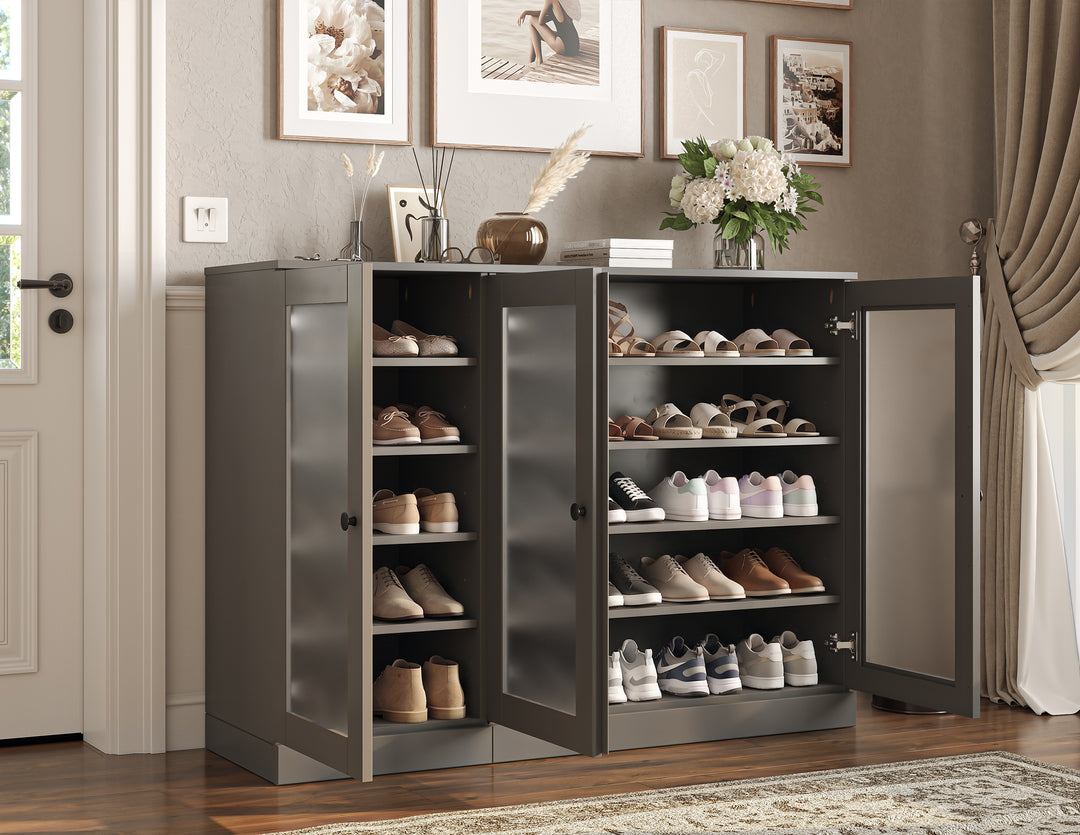 100% Solid Wood Frosted Glass Door Shoe Storage Cabinet, Adjustable Shelves, Space Saving Modular Entryway Organizer, 48.5" W x 35.75" H