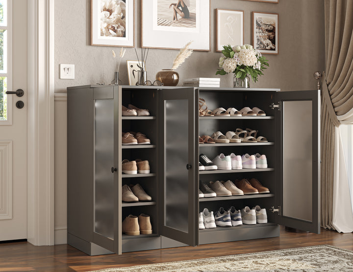 100% Solid Wood Frosted Glass Door Shoe Storage Cabinet, Adjustable Shelves, Space Saving Modular Entryway Organizer, 48.5" W x 35.75" H