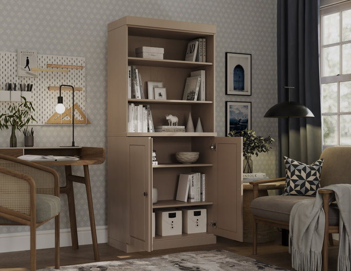 100% Solid Wood 6-Shelf 32" Bookcase, 2 Raised Panel Wood Doors, Adjustable Shelves