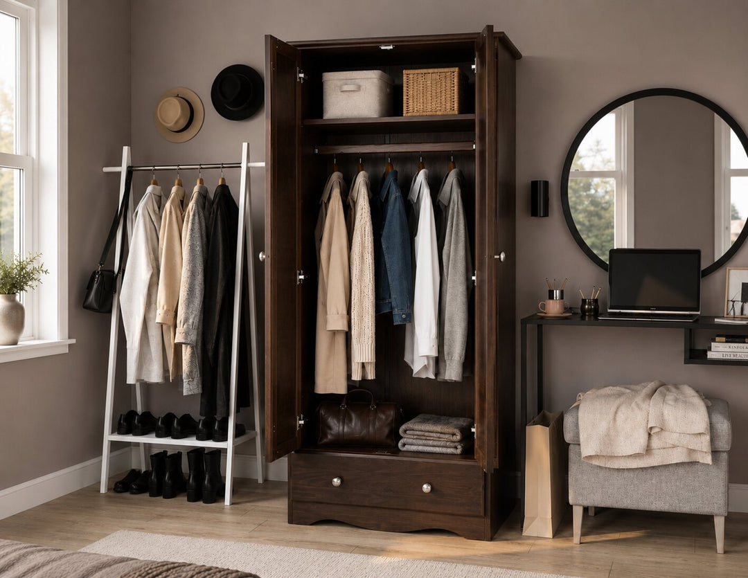 100% Solid Wood 2-Door Wardrobe Armoire with Raised Panel Doors, Bedroom Closet Storage - Flexible Collection with Metal Knobs