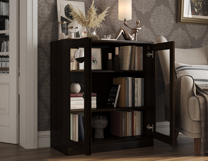 100% Solid Wood 3-Shelf Bookcase Cabinet with Glass Doors, Storage Display Bookshelf with Adjustable Shelves, 32" W x 35.75" H
