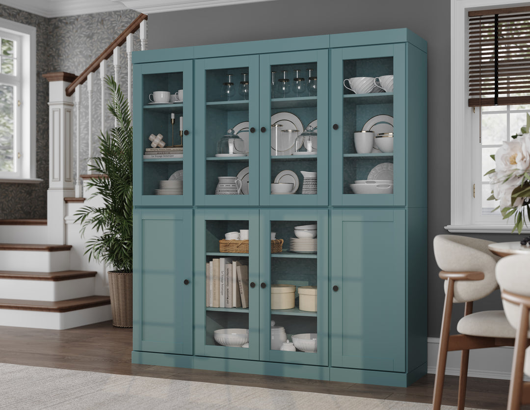 100% Solid Wood 65" China Pantry Cabinet, 6 Clear Glass, 2 Shaker Wood Doors