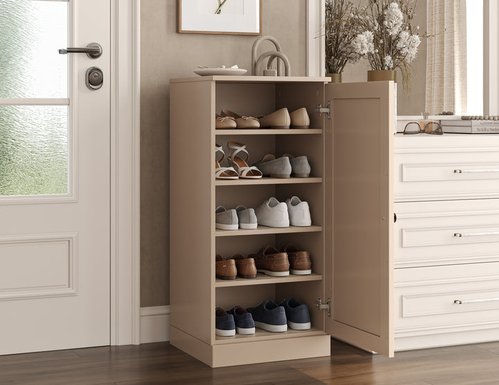 100% Solid Wood Narrow Shoe Storage Cabinet with Shaker Door, Adjustable Shelves, Space Saving Stackable Organizer, 16.5" W x 35.75" H