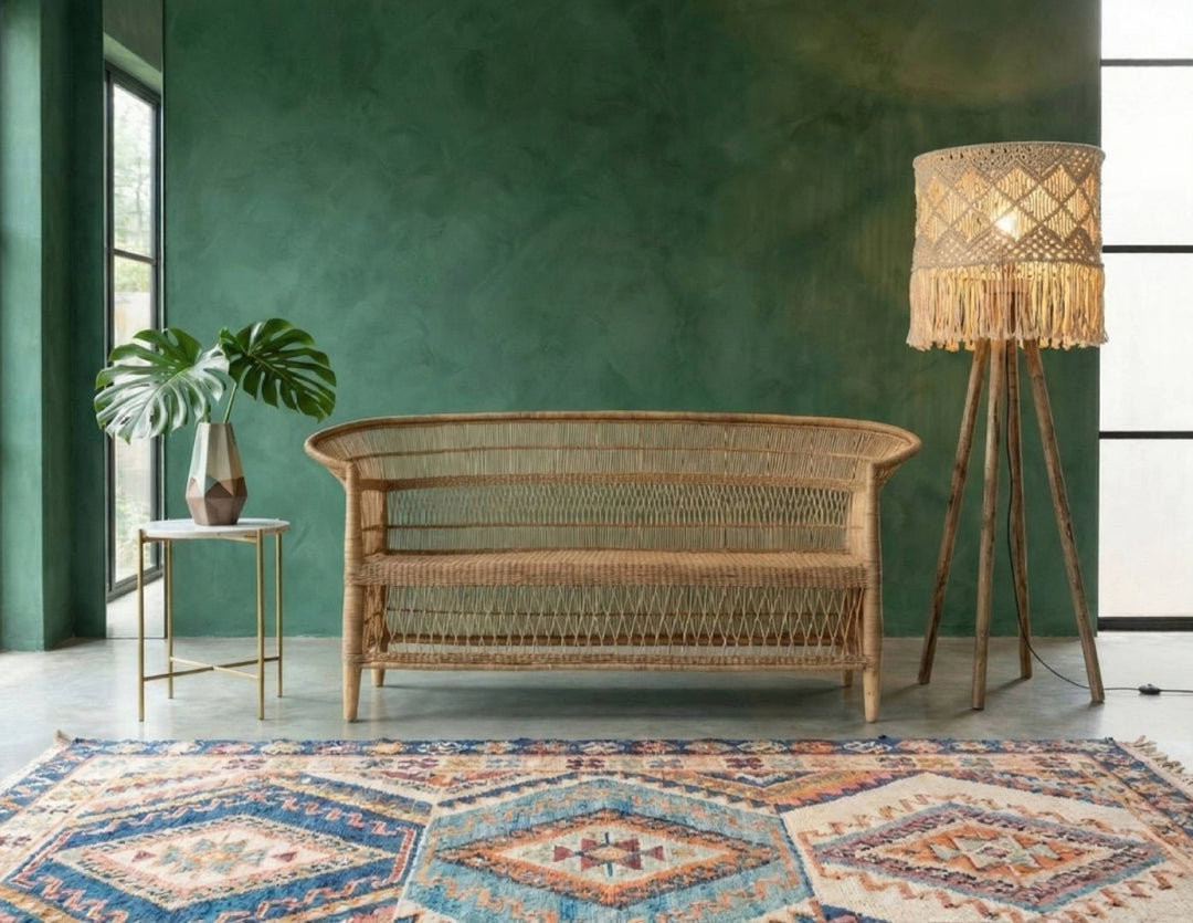 100% Handwoven Natural Rattan 3-Seater Indoor Settee with Solid Wood Frame, Boho Coastal Farmhouse Accent Seating – Authentic African Craftsmanship