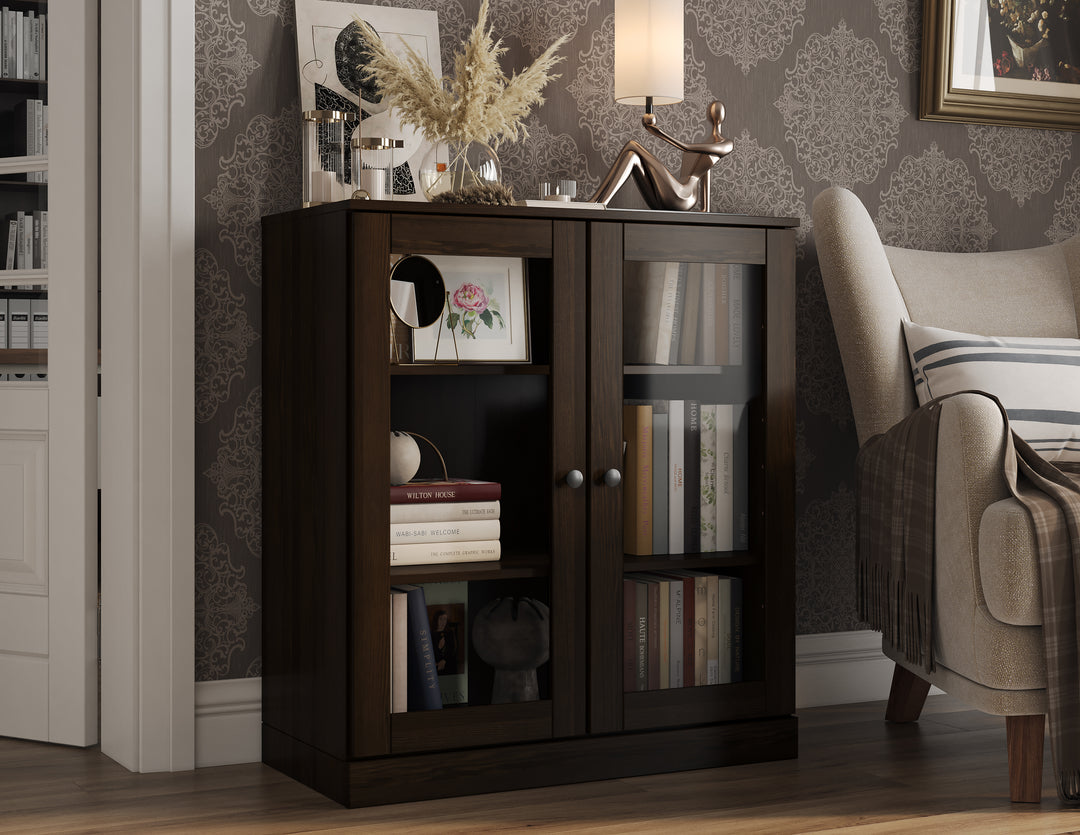 100% Solid Wood 3-Shelf Bookcase Cabinet with Glass Doors, Storage Display Bookshelf with Adjustable Shelves, 32" W x 35.75" H