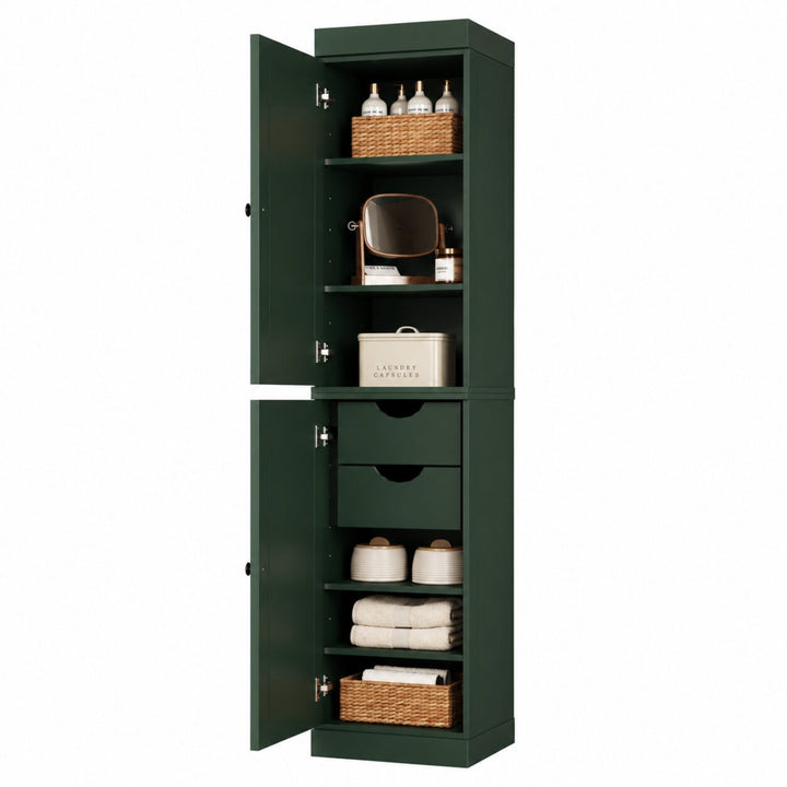 100% Solid Wood Bathroom Storage Cabinet, Shaker Doors, 2 Drawers, Adjustable Shelves, 16.5" Wide, 71.5" Tall