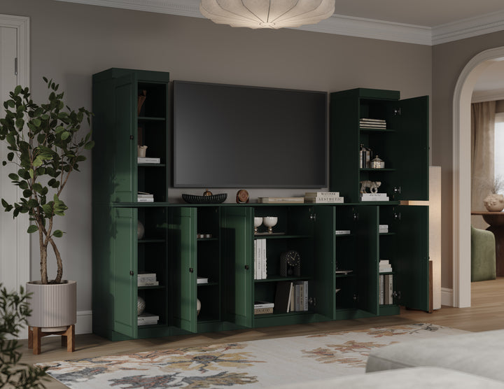 100% Solid Wood 7-Piece Entertainment Center Wall Unit with Storage, Raised Panel Doors, Adjustable Shelves, 98" W x 71.5" H