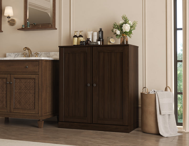 100% Solid Wood Freestanding Bathroom Linen Storage Cabinet with Shaker Doors, 2 Drawers, Adjustable Shelves, 32" W x 35.75" H