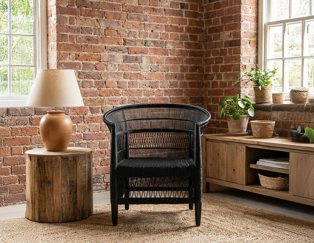 100% Solid Wood Frame Handwoven Natural Rattan Indoor Chair, Boho Farmhouse Accent Seating – Authentic African Craftsmanship