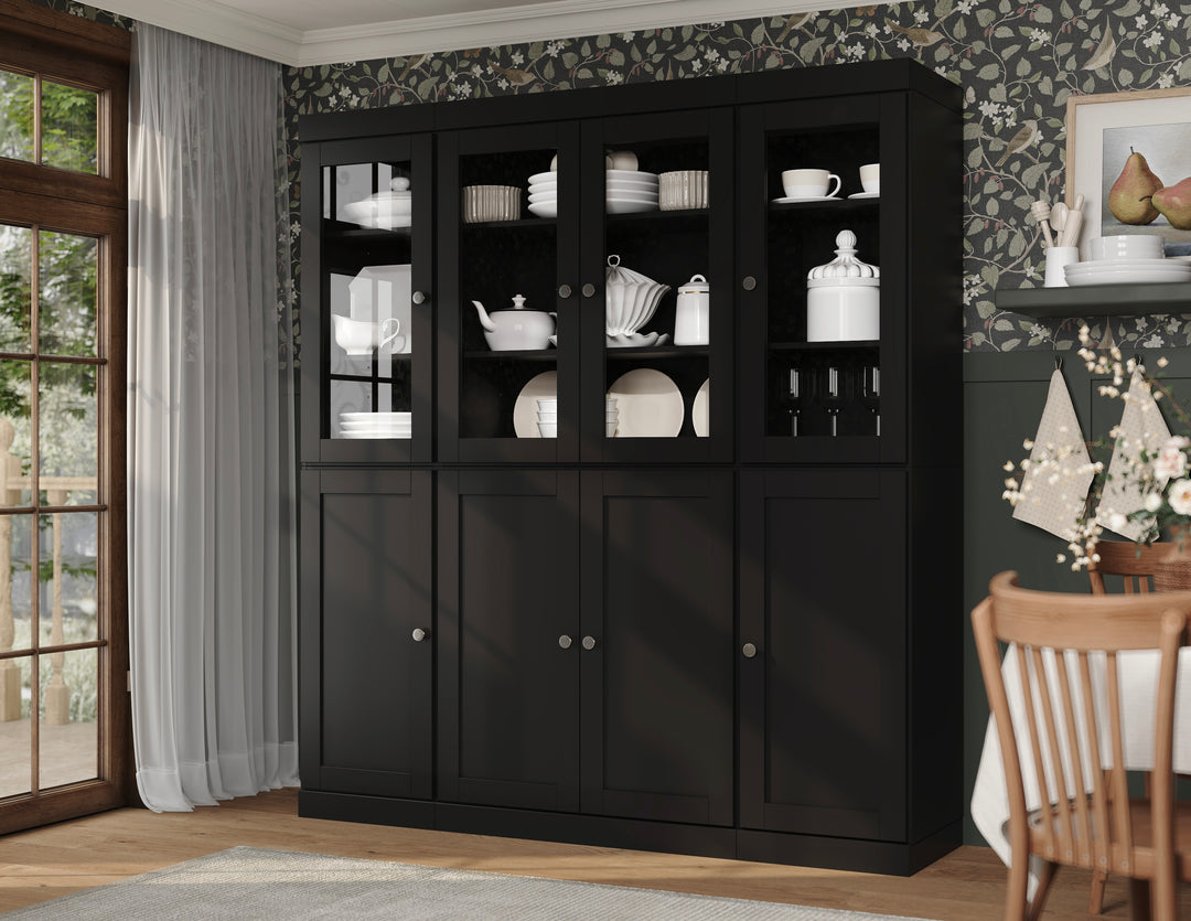 100% Solid Wood 65" China Pantry Cabinet, 4 Clear Glass, 4 Shaker Wood Doors