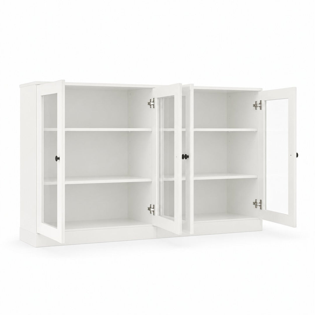 100% Solid Wood TV Stand, 64" Wide TV Console with Glass Doors & Storage