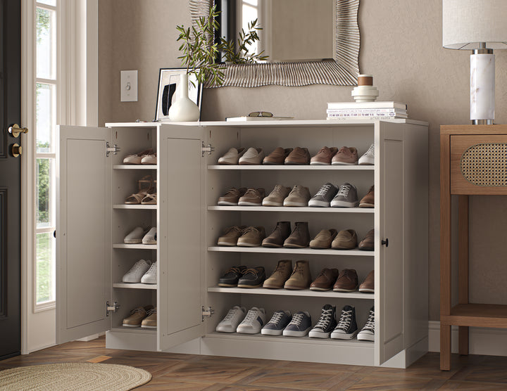 100% Solid Wood Shoe Storage Cabinet with Raised Panel Doors, Adjustable Shelves, Space Saving Modular Entryway Organizer, 48.5" W x 35.75" H