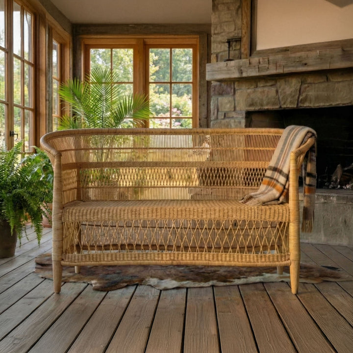 100% Solid Wood Frame Handwoven Natural Rattan Indoor Loveseat, Boho Farmhouse Accent Seating – Authentic African Craftsmanship