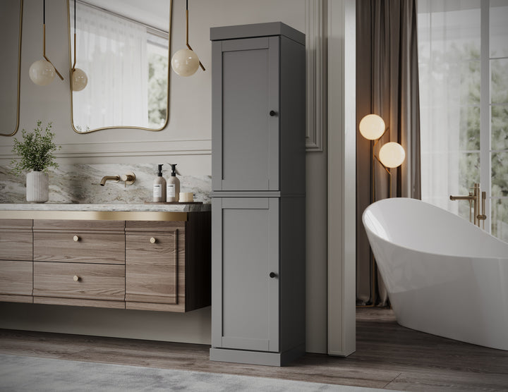 100% Solid Wood Bathroom Storage Cabinet, Shaker Doors, 2 Drawers, Adjustable Shelves, 16.5" Wide, 71.5" Tall