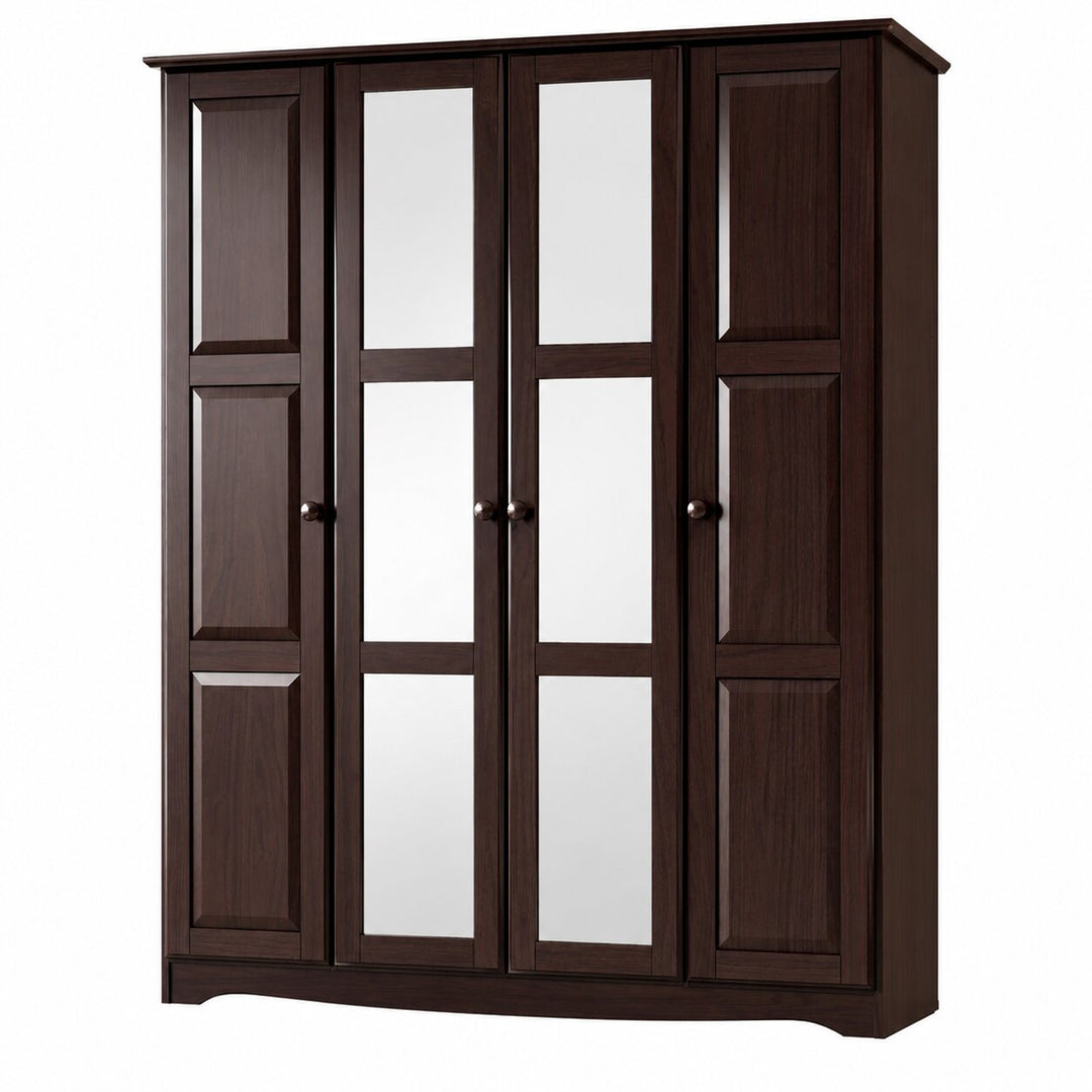 100% Solid Wood 4-Door Wardrobe Armoire with Mirrored Doors, Bedroom Closet Storage - Regal Collection
