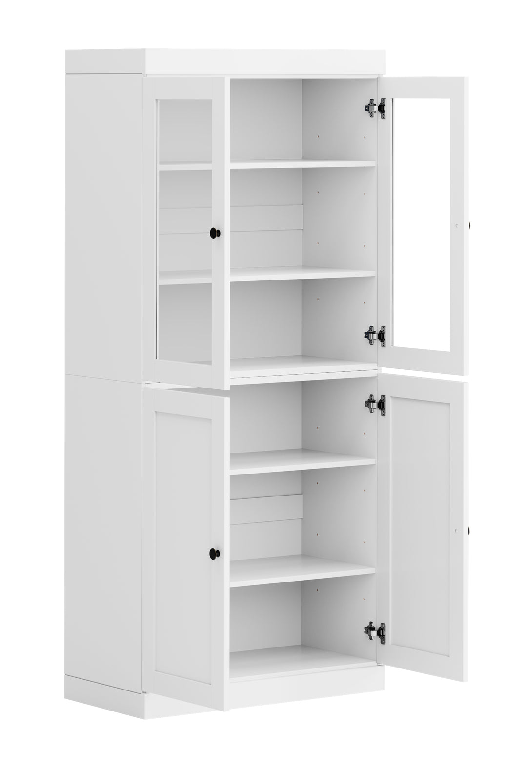 100% Solid Wood 32" Pantry Cabinet, 2 Clear Glass, 2 Shaker Wood Doors