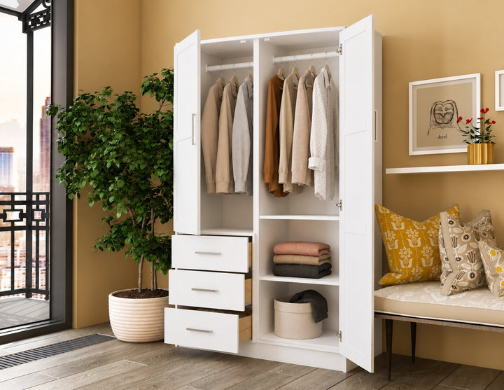 100% Solid Wood 2-Door Wardrobe Armoire with Raised Panel Doors, Bedroom Closet Storage - Metro Collection