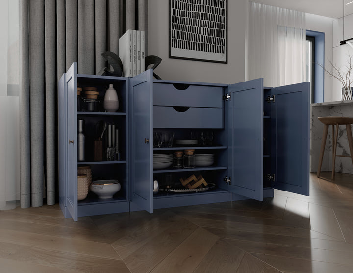 100% Solid Brazilian Pine Wood Sideboard, Shaker Doors, 2 Drawers, Adjustable Shelves, 65" Wide, 35.75" Tall