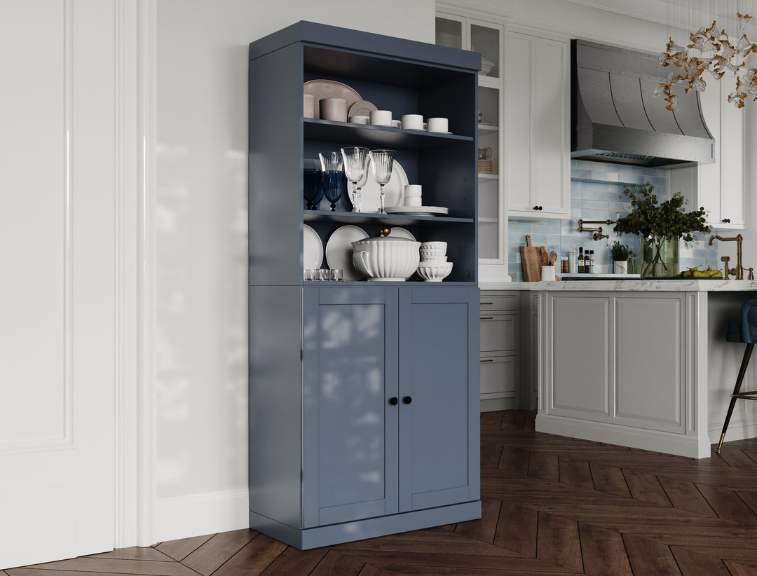 100% Solid Wood 32" Pantry Cabinet, 2 Shaker Wood Bottom Doors, 2 Drawers