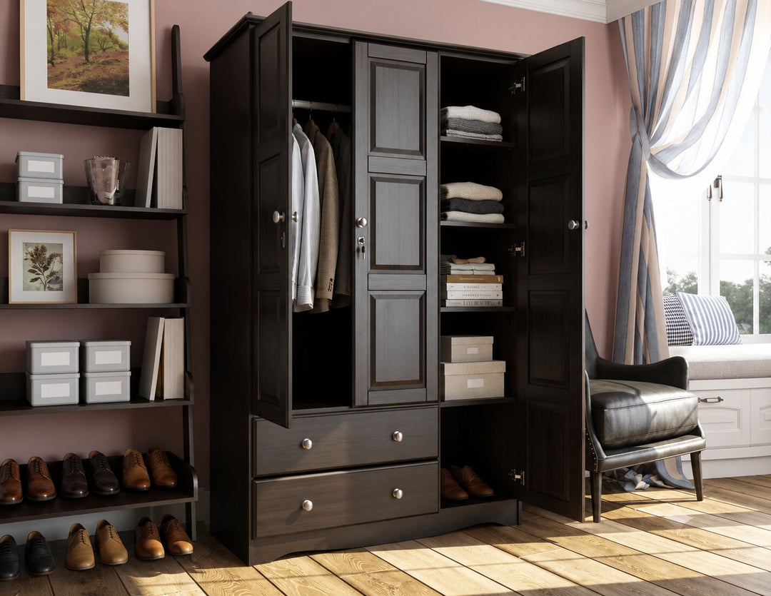 100% Solid Wood 3-Door Wardrobe Armoire with Raised Panel Doors, Bedroom Closet Storage - Grand Collection with Metal Knobs