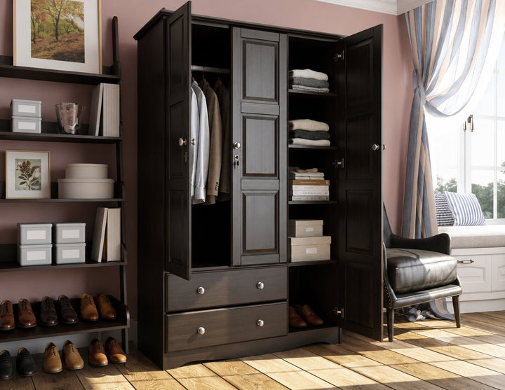 100% Solid Wood 3-Door Wardrobe Armoire with Raised Panel Doors, Bedroom Closet Storage - Grand Collection with Metal Knobs