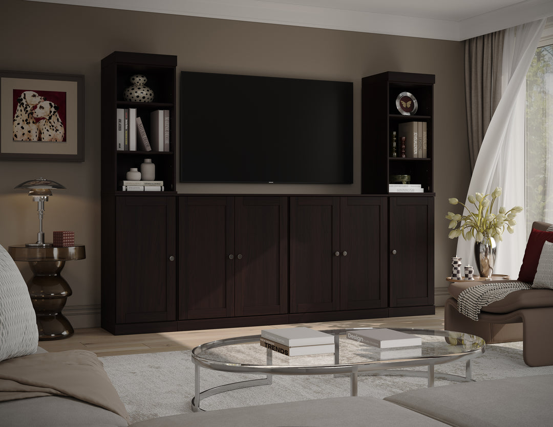 100% Solid Wood 6-Piece Entertainment Center Wall Unit with Storage, Open Cabinets & Shaker Doors, Adjustable Shelves, 97" W x 71.5" H